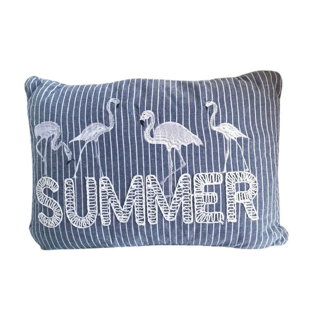 SECRET CELEBRITY 15” X 21” Blue White Decor pillow embroidered Summer Flamingos